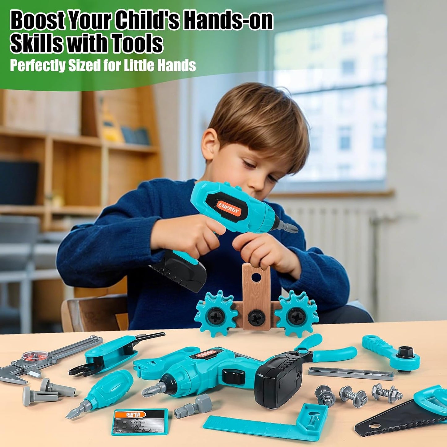 GAIETYDIY Kids Tool Set – Pretend Play Toddler Tool Set with Tool Box, Electronic Toy Drill, Screwdriver, Screw Construction Kits, Educational Tools for Kids Ages 3,4,5,6,7 Years Old, Boy Girl