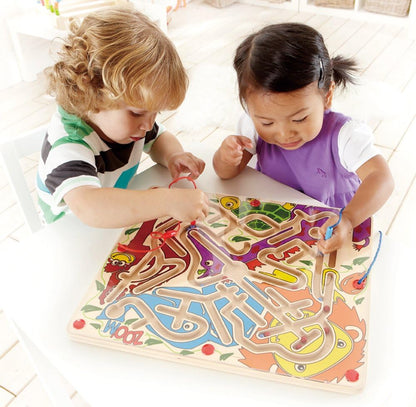 Hape Zoo’m Magnetic Wooden Bead Maze Puzzle | Durable Two Player Wooden Puzzle Toy for Toddlers, Fun Filled Traveling Entertainment
