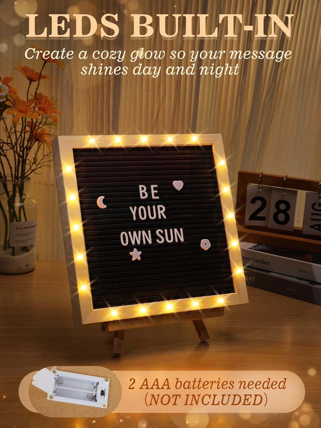 Changeable Felt Letter Board with LED Lights - 10×10" Message Custom Signs & Wood Stand & 450 Letters, Poster Board for Baby/Pregnancy Announcement/Classroom Wall Graduation Decor Gifts, Camel
