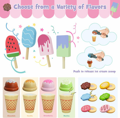 SIMPLIPLAY 2 in 1 Portable Wooden Ice Cream Toy & Cookie Play Set (63pcs), Slice and Bake Cookies, Scoop and Serve Ice Cream Counter with Pretend Play Food, Play Kitchen Accessories, Kids Gift Ages 3+