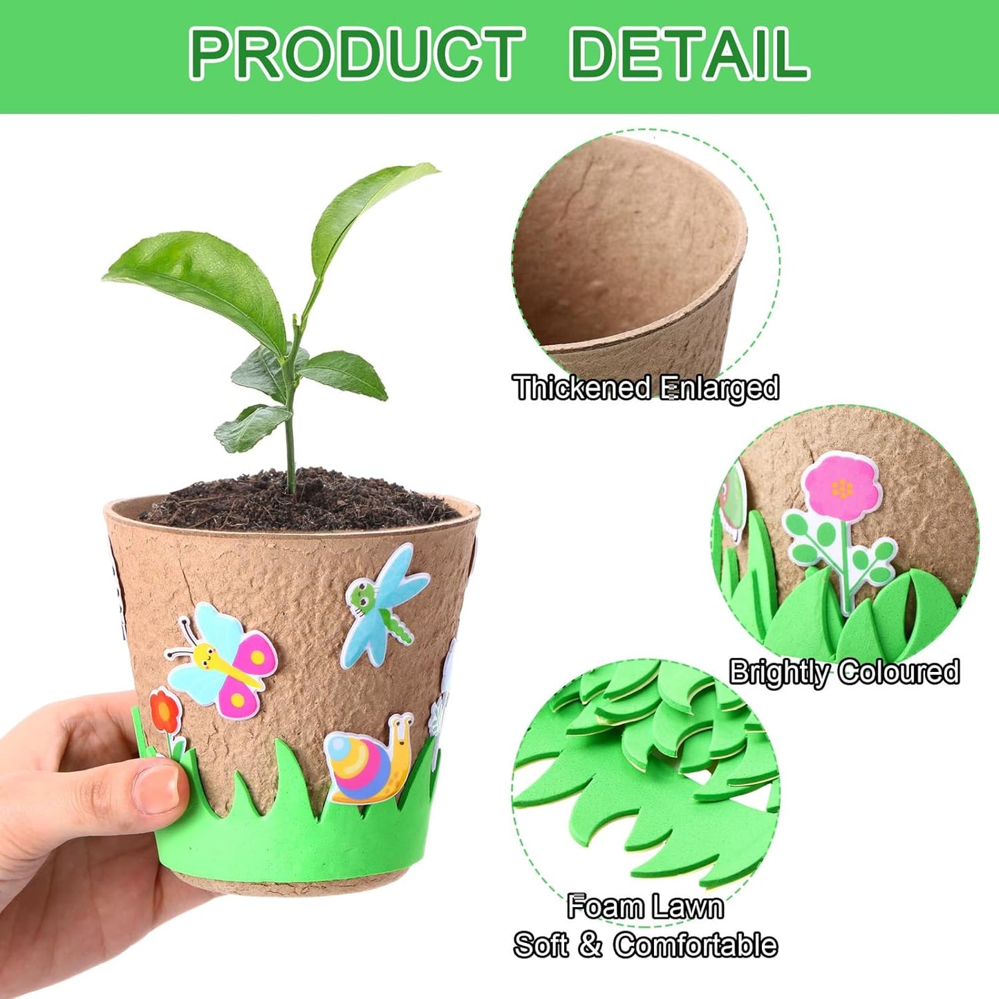 72 Pcs 4 Inch Garden Paper Pot Craft Kit Spring Crafts Bulk Including Round Paper Mache Pots Adhesive Foam Sticker EVA Grass Sticker Mother's Day DIY Planting Growing Garden Kit