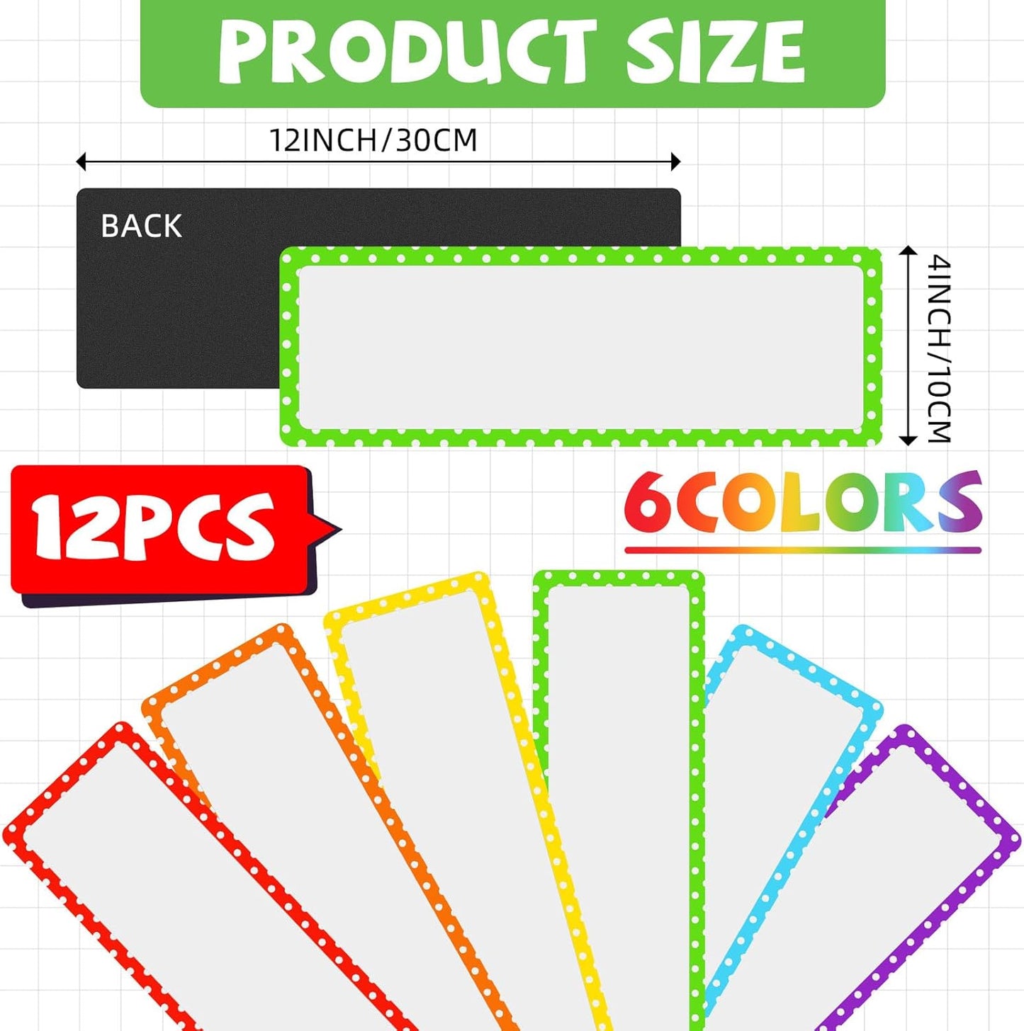Janlaugh 12 Pcs Large Magnetic Dry Erase Labels for Classroom, 12 x 4 Inch Rectangle Magnetic Name Plates Label Flexible Magnet Stickers for Whiteboards Refrigerator(Rainbow Color,Style 1)