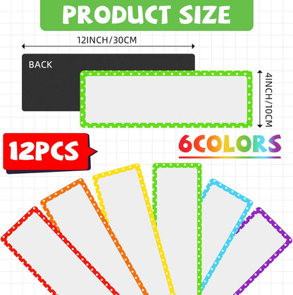 Janlaugh 12 Pcs Large Magnetic Dry Erase Labels for Classroom, 12 x 4 Inch Rectangle Magnetic Name Plates Label Flexible Magnet Stickers for Whiteboards Refrigerator(Rainbow Color,Style 1)