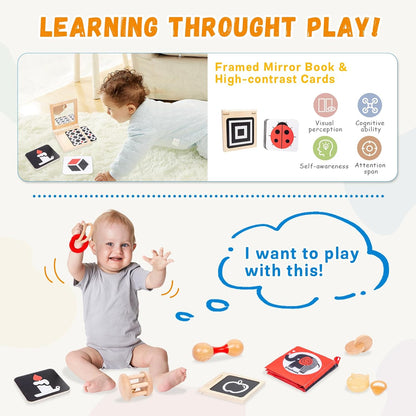 Adena Montessori Play Kit for 3-4 Months Baby,8 in 1 Wooden Learning Educational Toys for Toddler,Include Framed Mirror Book,High-Contrast Cards and More,Christmas Birthday Gift for Boys Girls