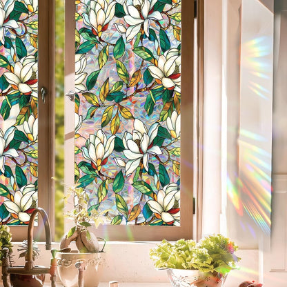 Flower Stained Glass Window Film Decorative Static Cling Stickers Sun Blocking Privacy Decals for Home Car White Lily