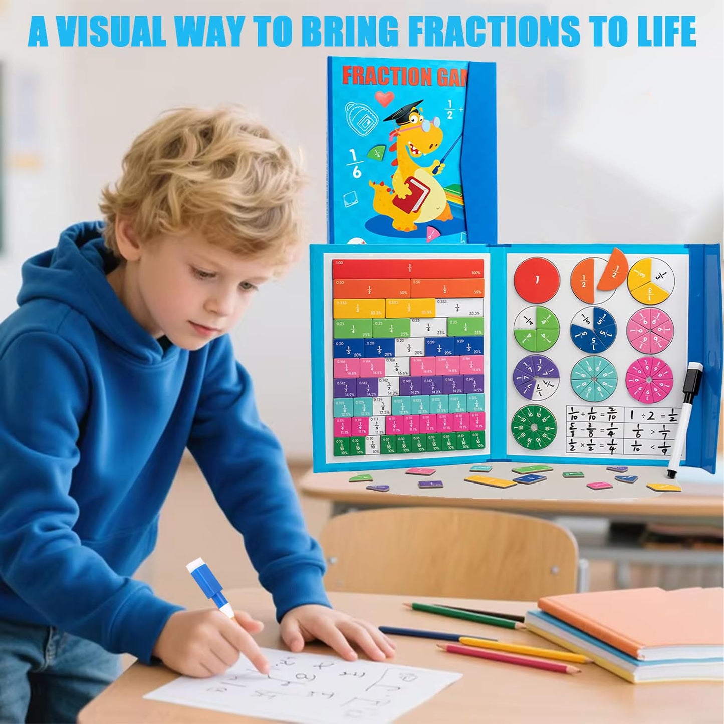 Magnetic Fraction Demonstration Book, 102 Pcs Magnetic Fraction Disc Set, Montessori Math Teaching Aid for Kids 3+ (Dinosaur)