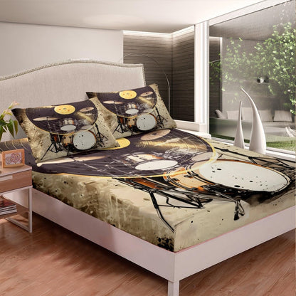 Feelyou Drum Kit Bedding Set Musical Instruments Sheets for Kids Boys Girls Classical Rock Music Bed Sheets Vinyl Record Sheets Set Bedroom Collection 4Pcs Full Size