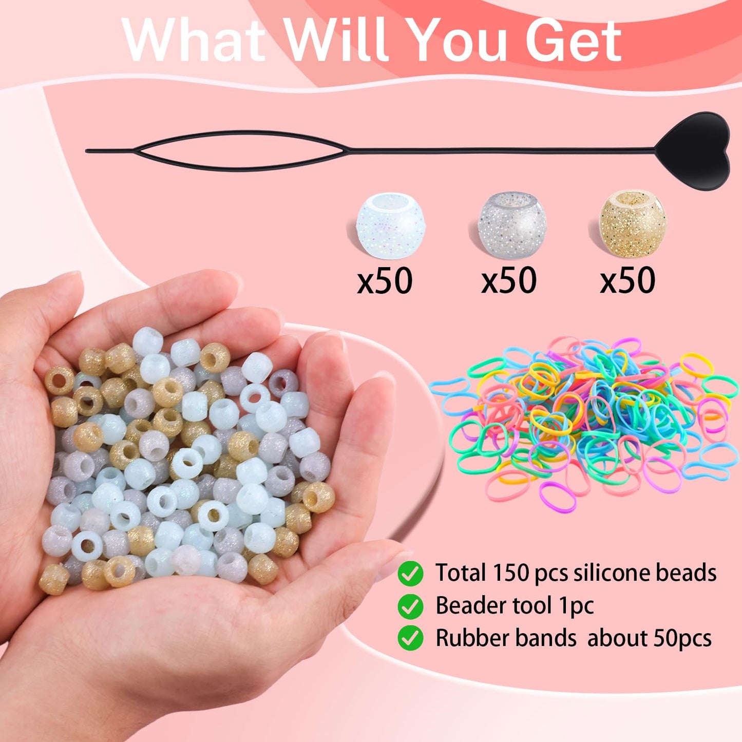 150Pcs 10mm Small Silicone Beads for Hair Braids, Soft Jellyish Pony Hair Beads with 5mm Hole + 50 Rubber Bands and 1 Beader for Braiding, DIY Bracelets Necklaces Crafts (Pink)
