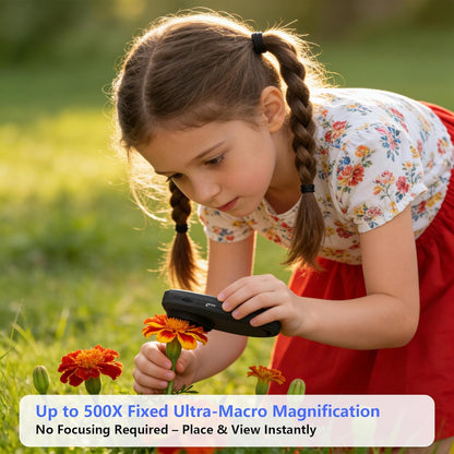 Handheld Digital Microscope with 2.0 Inch IPS Color Screen, Portable Magnifying Glass for Kids, 500x Magnification, 8 Adjustable 3-Level LED Lights, USB Compatible with PC Windows and Mac OS