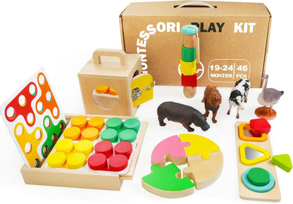WOODMAM Montessori Toys for Babies 7-12 Months, 9 in 1 Educational Wooden Toys Set, Includes Object Permanent Box, Stacking Cups, Mirror Puzzle, Ring Stacker and More