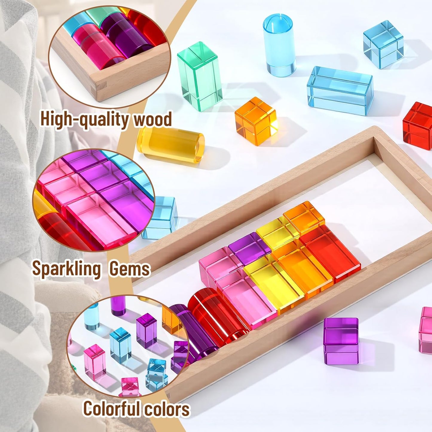 16 Pcs Acrylic Wooden Gem Blocks Sparkling Translucent Cubes Stacking Toys Wooden Cubes Blocks with Colorful Acrylic Open Ended Play Montessori Educational Toys (Round)