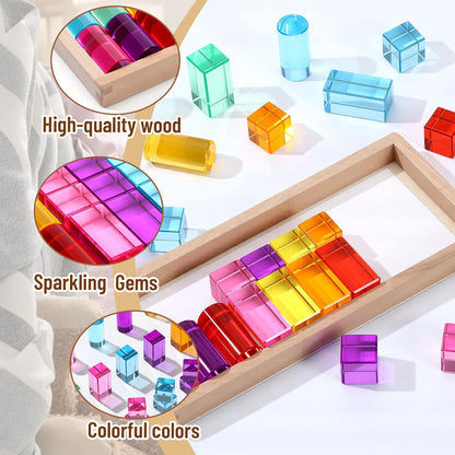 16 Pcs Acrylic Wooden Gem Blocks Sparkling Translucent Cubes Stacking Toys Wooden Cubes Blocks with Colorful Acrylic Open Ended Play Montessori Educational Toys (Round)