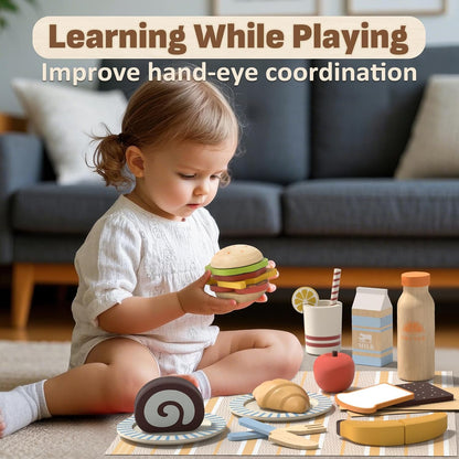 Lehoo Castle Wooden Play Food Set, Toy Food for Toddlers 1-3, Pretend Play Kitchen Accessories, Cutting Food Toys, Montessori Sorting Toys for Kids 3-5 Girls Boys