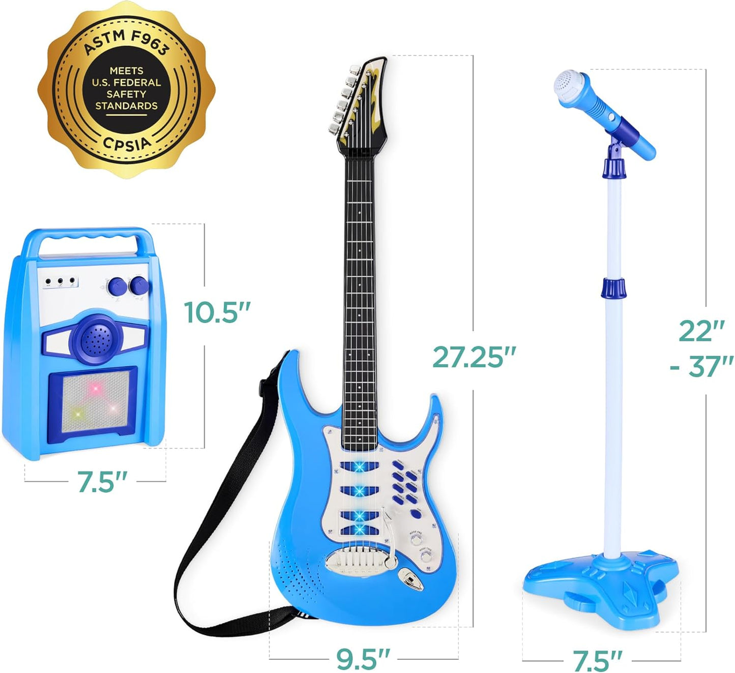 Best Choice Products Kids Electric Guitar Set with Microphone & Amp, Interactive Musical Toy for Boys & Girls, Lights & Sounds, Demo Songs, AUX Input, DIY Stickers - Blue