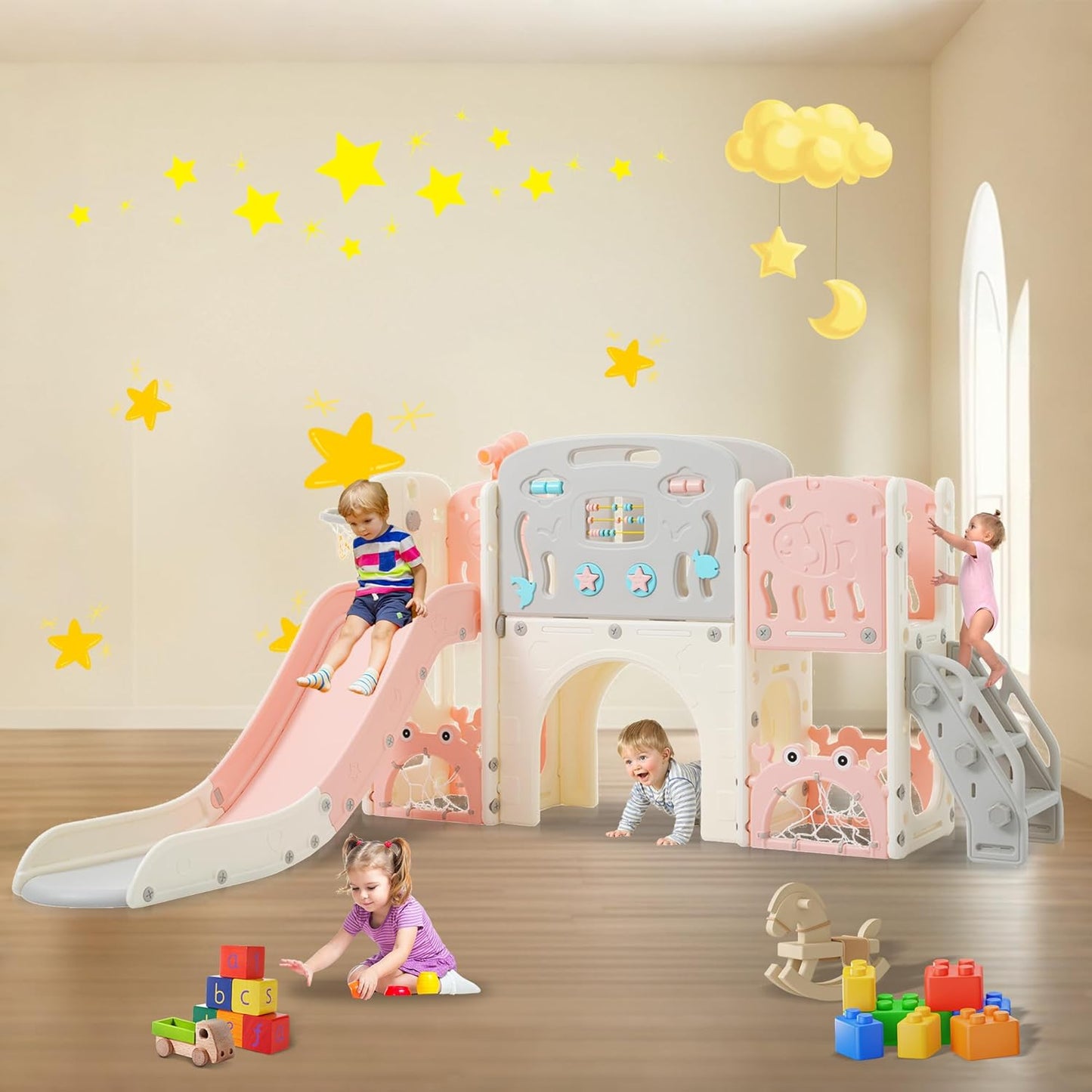 11in 1 Toddler Slide, Kid Slide for Toddlers Age 1-3 with Telescope, Basketball Hoop, and Telescope, Indoor Outdoor Playset Playground Blue Grey