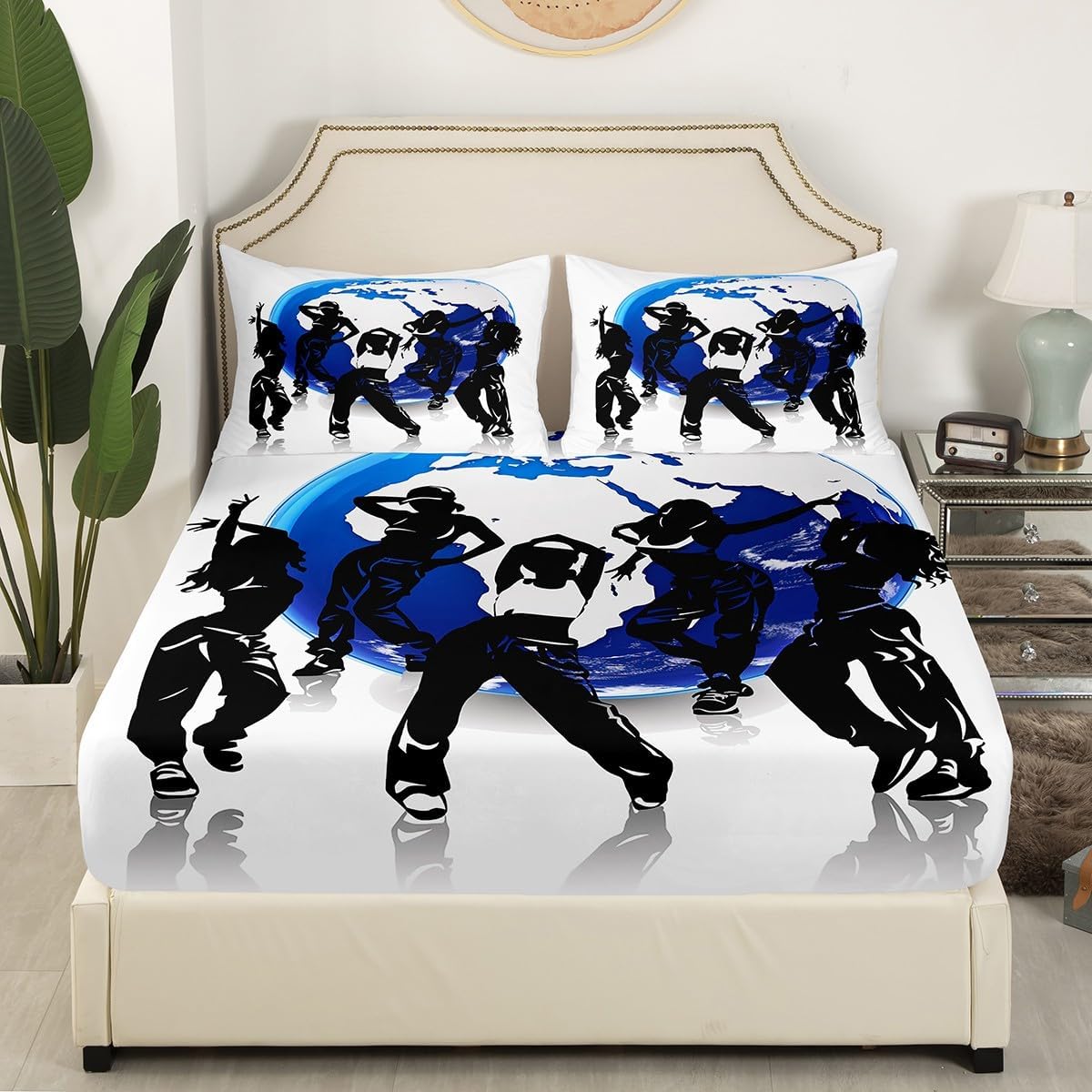 Manfei Musical Kids Fitted Sheet Full Size, MusicalGuitar Radio Drum Kit Headset Print Bedding Set 3pcs for Boys Girls, Rock Music Bed Cover with 2 Pillowcases, Soft Polyester Bedding, No Top Sheet