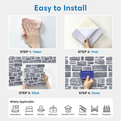 COMSTICKC 3D Faux Gray Stone Wall Sticker Peel and Stick Wall Panels,10 Pcs of 12"X12",Ultra-Light Thin PVC Decorative Tiles Rocks Stone Backsplash Interior Decor,Paintable