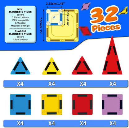 Mini Magnetic Tiles for Kids, Magnetic Building Set, Construction STEM Travel Toys for Boy Girl Ages 3+, Montessori Preschool Learning Educational Sensory Magnet Creative Toy Gift for Toddlers, 32 Pcs