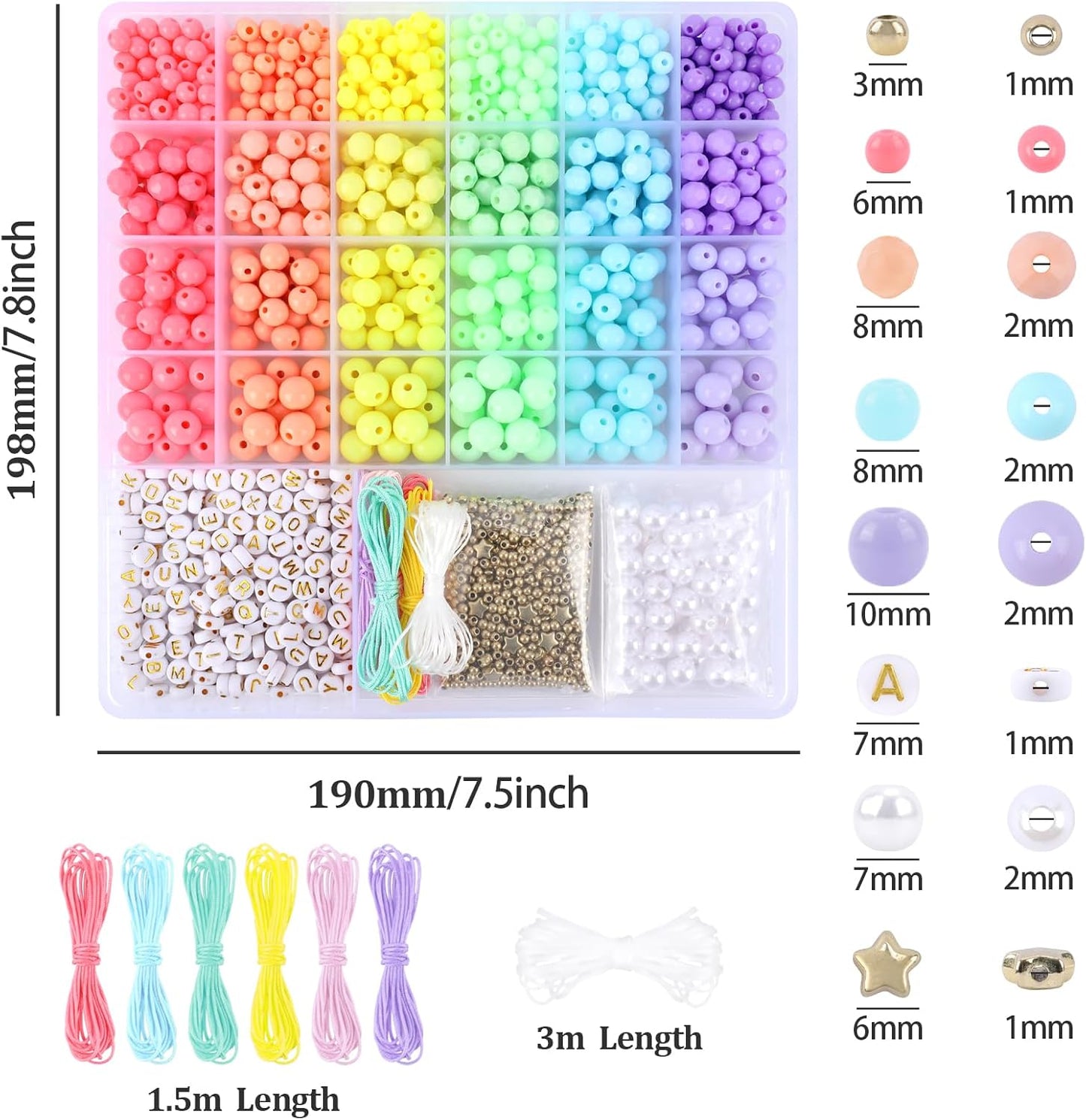1720+pcs Pony Beads Kit 1830pcs 6 Style Letter Alphabet Beads Rainbow Plastic Pony Bead Bulk Multicolor Kandi Bead Elastic String DIY Crafts Jewelry Making Kit for Bracelets Necklaces