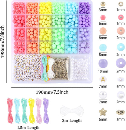 1720+pcs Pony Beads Kit 1830pcs 6 Style Letter Alphabet Beads Rainbow Plastic Pony Bead Bulk Multicolor Kandi Bead Elastic String DIY Crafts Jewelry Making Kit for Bracelets Necklaces