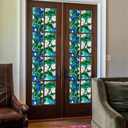 JOONOR Privacy Window Film Stained Glass Window Sticker Non-Adhesive Frosted Glass Film Decorative Magnolia Flower Pattern Static Cling Decals for Home UV Blocking/Heat Insulation 17.7 x 39.4 Inch