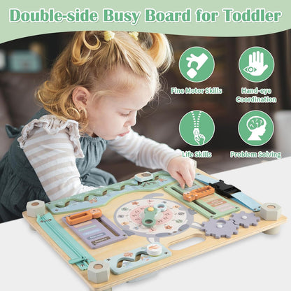 Montessori Large Double-Sided Busy Board for 1 2 3 4 Year Old- Wooden Sensory Toys -Fidget Activity Board for Toddlers Boys and Girls- Motor Skills Gifts for ADHD & Autistic Children Kids