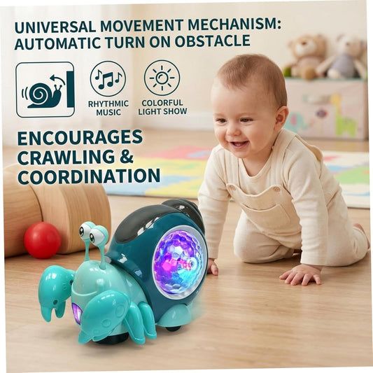 Transponder Snail Toy, Electric Interactive Crawling Crab Baby Toy with Lights & Music, Automatic Obstacle Avoidance, Encourages Movement and Fine Motor Skills for Toddlers Infants, Black