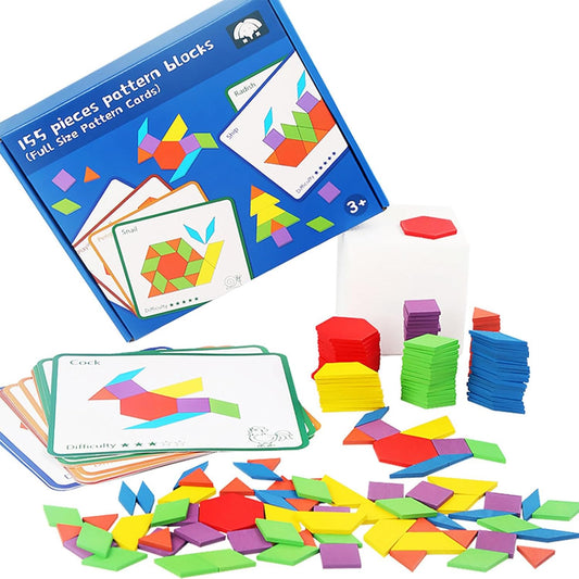 155 Pcs Wooden Pattern Blocks for Boys Girls Gift, Geometric Shape Pattern Set, Pattern Block Activity, Puzzles for Kids, Double Side Cards for 4 5 6 7 8 Years Old