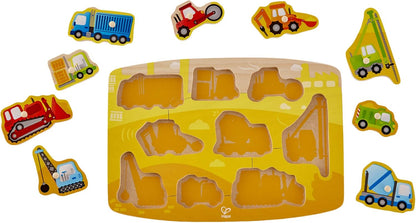 Hape Construction Peg Puzzle| 10 Piece Wooden Peg Jigsaw Puzzle Game, Learning Toy for Toddlers