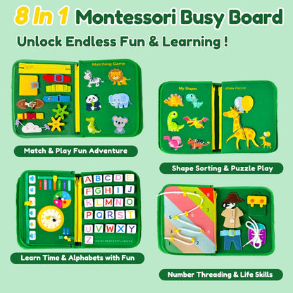 Qizfun Toddler Busy Board Montessori Toys – Sensory Busy Book, Educational Learning Travel Toy for Airplane & Car, Keeps Toddlers Entertained, Birthday Gifts for Toddler Boys Girls (Blue/P8)