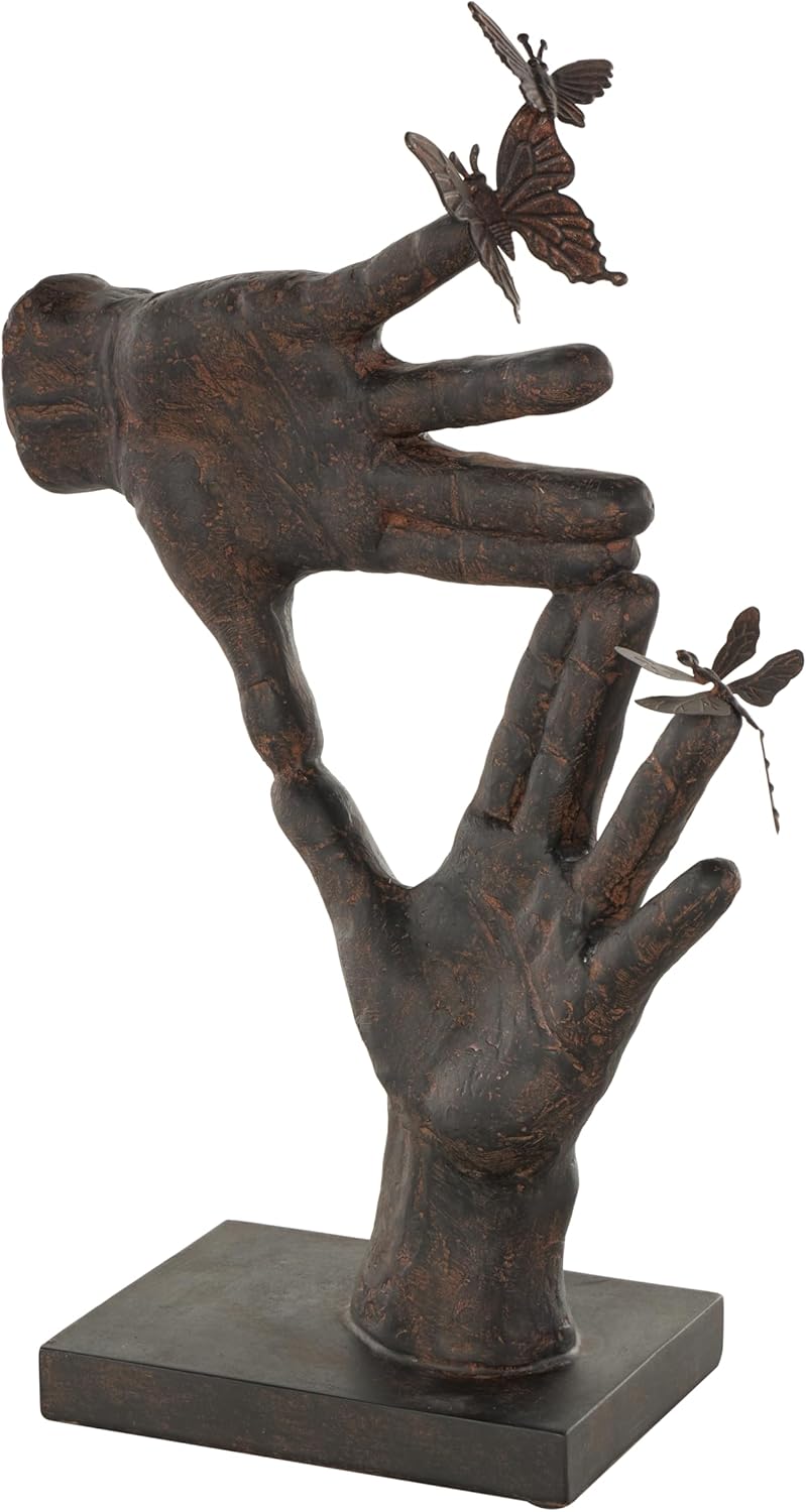 Deco 79 Polystone Hands Decorative Sculpture Weathered Patina Linked Home Decor Statue with Block Base and Gold Accents, Accent Figurine 9" x 4" x 10", Black