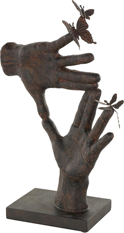Deco 79 Polystone Hands Decorative Sculpture Weathered Patina Linked Home Decor Statue with Block Base and Gold Accents, Accent Figurine 9" x 4" x 10", Black