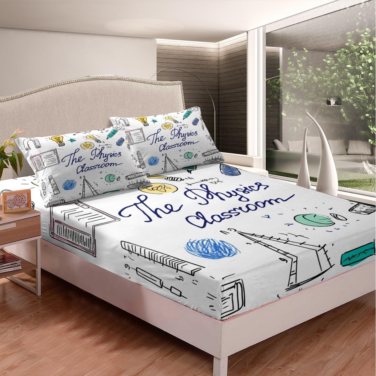 Erosebridal Science Theme Bed Sheets Set Full Size for Boys Girls Chemistry Periodic Table Print Sheet Set Chemical Subject Theme Sheets Teens Kids Math Science Atyle Fitted Sheet 4 Pcs