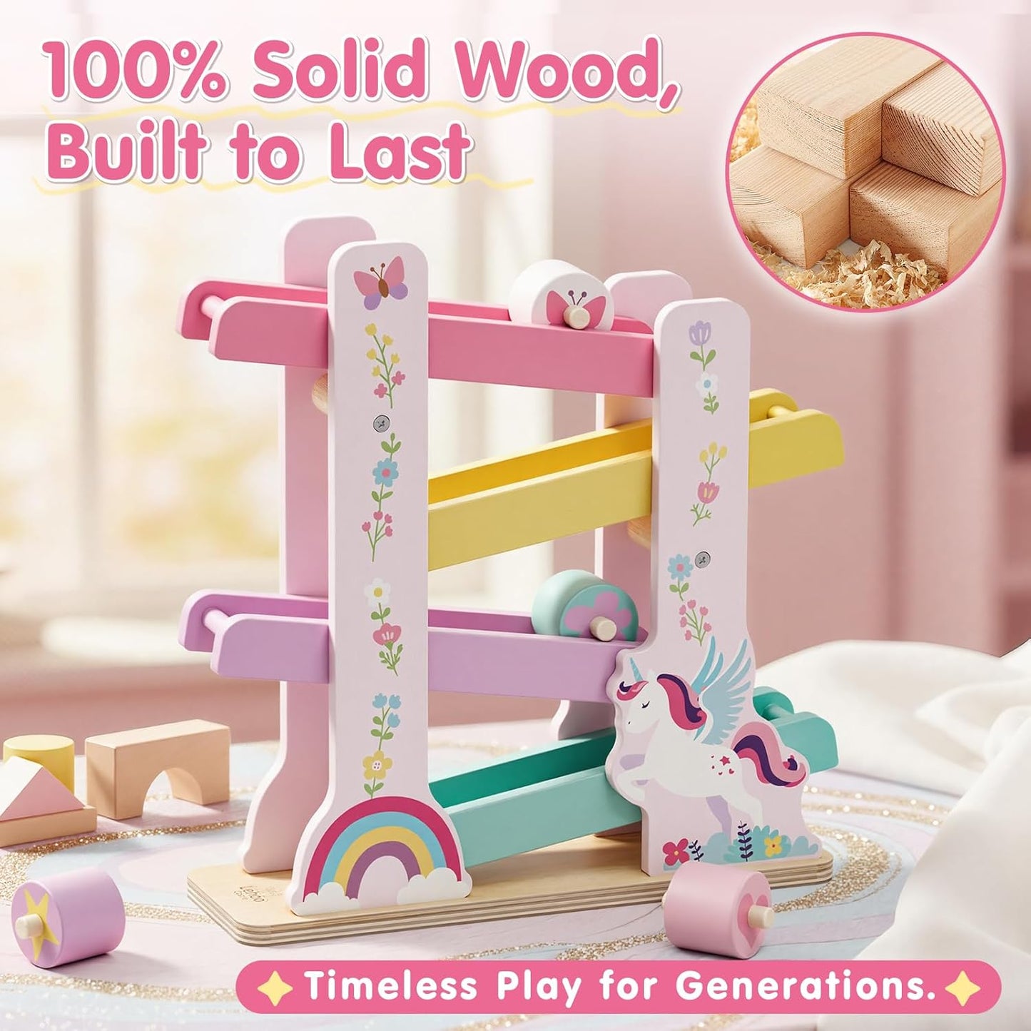 Lehoo Castle Wooden Car Ramp Toys for 1 Year Old Boy Birthday Gifts, Dinosaur Montessori Toys for 1 2 Year Old, Wooden Race Track with 4 Rollers Toddler Toys for 2 Year Old Boy