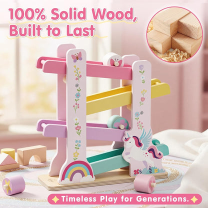 Lehoo Castle Wooden Car Ramp Toys for 1 Year Old Boy Birthday Gifts, Dinosaur Montessori Toys for 1 2 Year Old, Wooden Race Track with 4 Rollers Toddler Toys for 2 Year Old Boy