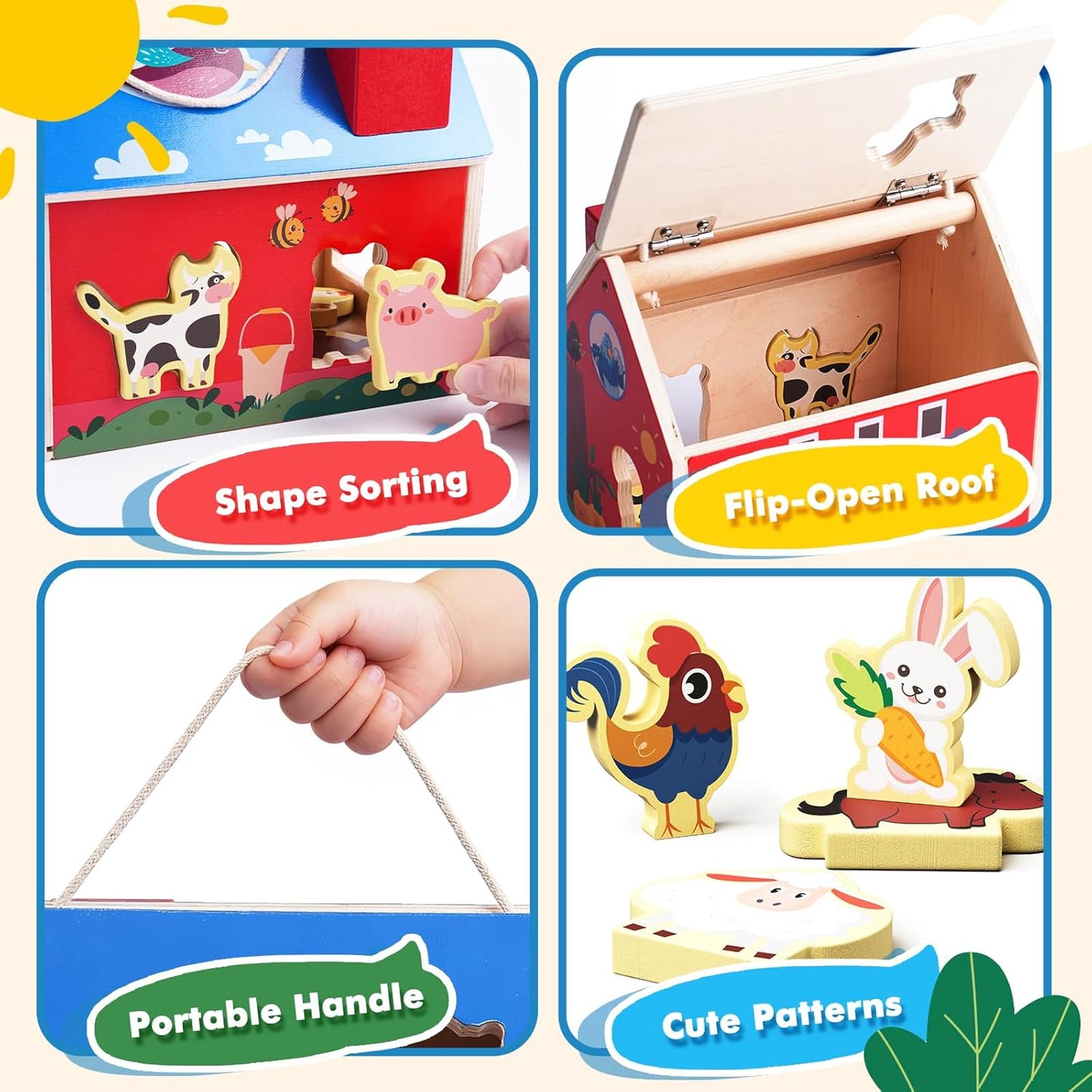 Wooden Barn Shape Sorter Montessori Farm Animal Toys for Toddlers, Educational Pretend Play Barn with Flip-Open Roof & Handle, 12 Animal Blocks, Birthday for 2-4 Boys Girls