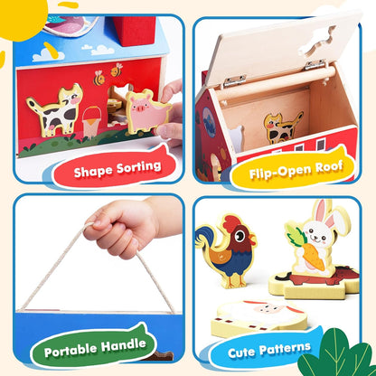 Wooden Barn Shape Sorter Montessori Farm Animal Toys for Toddlers, Educational Pretend Play Barn with Flip-Open Roof & Handle, 12 Animal Blocks, Birthday for 2-4 Boys Girls