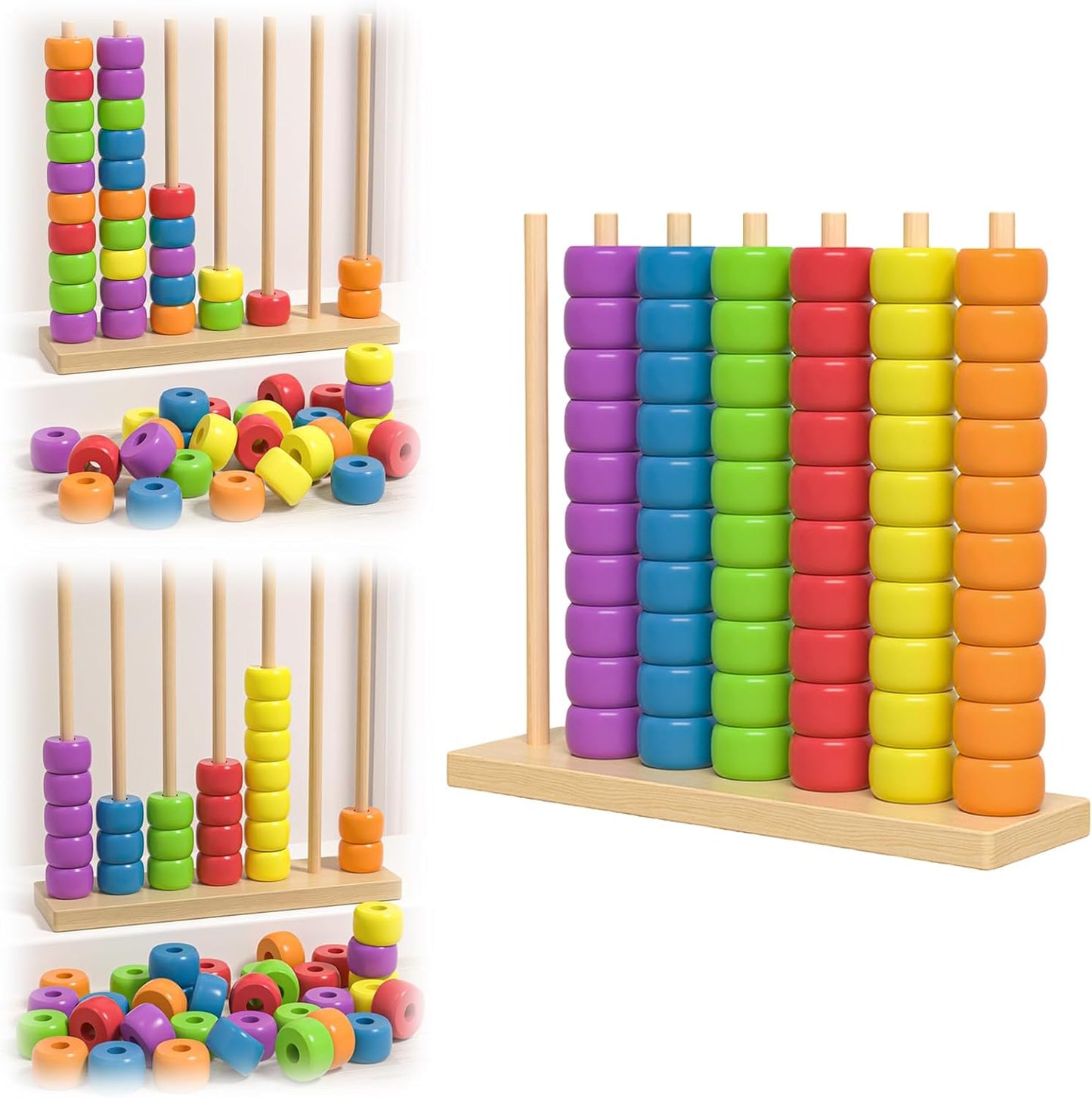 Color Matching Stacking Puzzle Game, Wooden Color Stack Challenge Game with Racks, 60 Rings, Fast Pattern Challenge Ring Stack Puzzle for Family Game Night (1 Set for 1 Player)