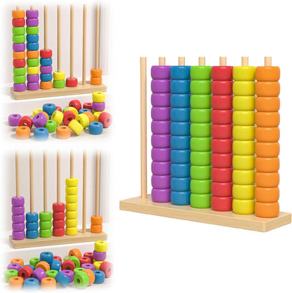 Color Matching Stacking Puzzle Game, Wooden Color Stack Challenge Game with Racks, 60 Rings, Fast Pattern Challenge Ring Stack Puzzle for Family Game Night (1 Set for 1 Player)