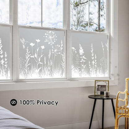 DKTIE Window Privacy Film Flowers Pure White Pattern Stained Glass Window Film Decorative Frosted Glass Window Film Sun Blocking Heat Control Static Cling (A274, 17.5" x 78.7")