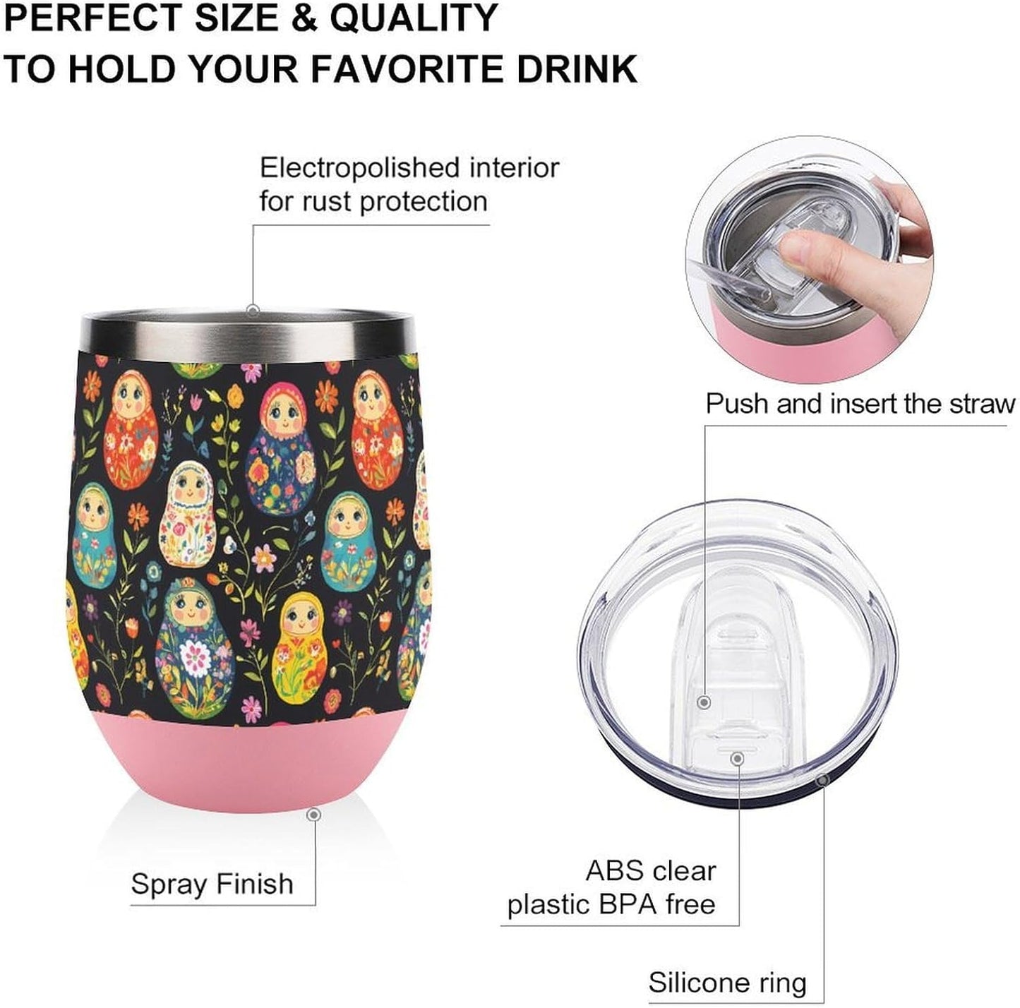 Russian Nesting Dolls Flowers Insulated Cups & Mugs 12 Oz Double-Wall Coffee Cup with Lids Drinks Tumbler for Women Men
