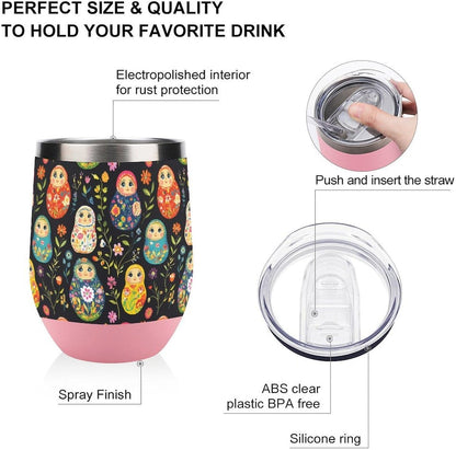 Russian Nesting Dolls Flowers Insulated Cups & Mugs 12 Oz Double-Wall Coffee Cup with Lids Drinks Tumbler for Women Men