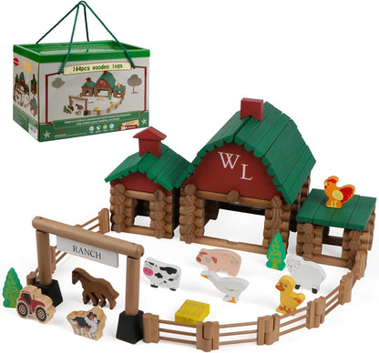Wondertoys 208 Pcs Wooden Log Set - Classic Building Logs Ages 3+ - Best Retro Building Gift Set for Boys - Creative Construction Engineering Educational Gifts