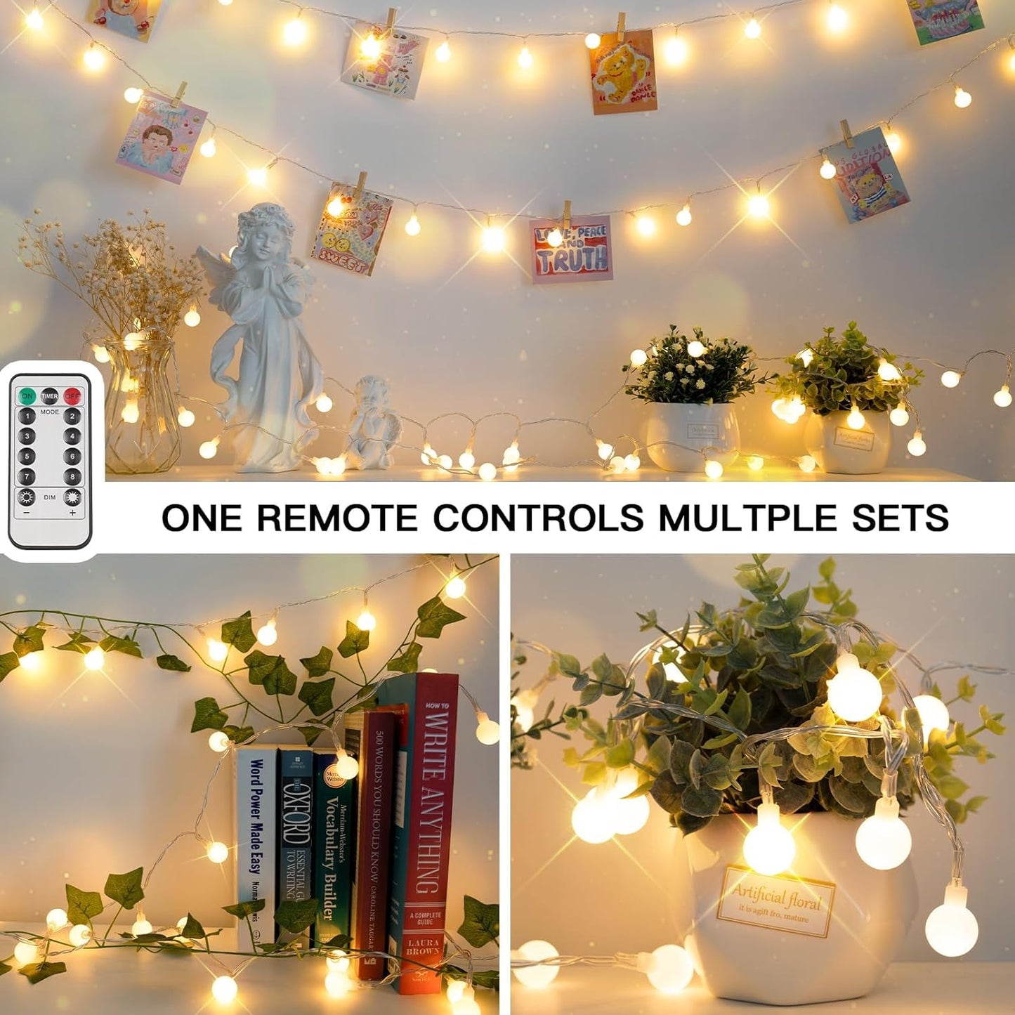 suddus String Lights for Bedroom, 66ft 200 Led Connectable Globe String Lights Indoor, Hanging Fairy Lights Plug in with Remote for Kids Room Dorm Classroom Outdoor Christmas Tree Decor, Warm White