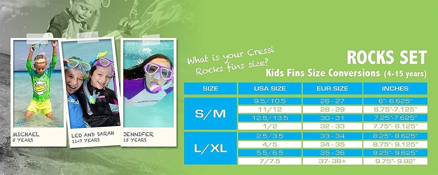 Cressi Junior Snorkel Kit for Kids Ages 3 to 8 - Mask + Dry Snorkel + Adjustable Fins + Net Bag – Rocks Kids Set