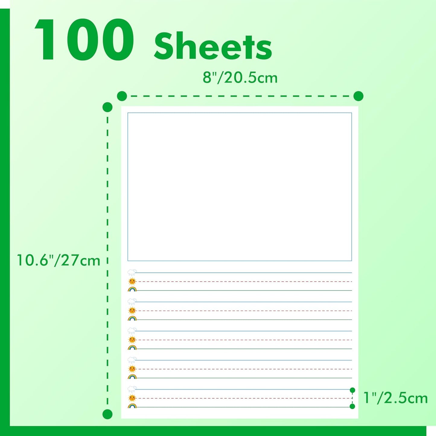 100 Sheets Ruled Writing Paper, Double-Sided Printing Skip-A-Line Ruled Writing Paper with Dotted Lines Handwriting Practice Paper 1” line spacing for Kindergarten Toddlers Kids (11” x 8.3”)