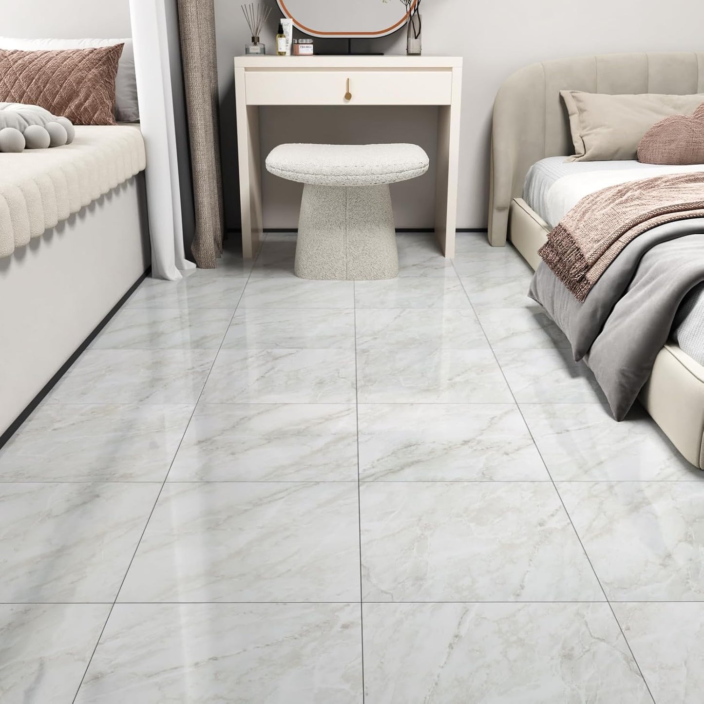 Wallercity White Marble Peel and Stick Vinyl Floor Tiles 6-Pack 12x12 Inches Self Adhesive Waterproof Flooring Planks for Bathroom Kitchen Bedrooms Stick on Floor Tiles Laminate Sheets Vinyl Flooring