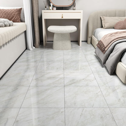 Wallercity White Marble Peel and Stick Vinyl Floor Tiles 6-Pack 12x12 Inches Self Adhesive Waterproof Flooring Planks for Bathroom Kitchen Bedrooms Stick on Floor Tiles Laminate Sheets Vinyl Flooring