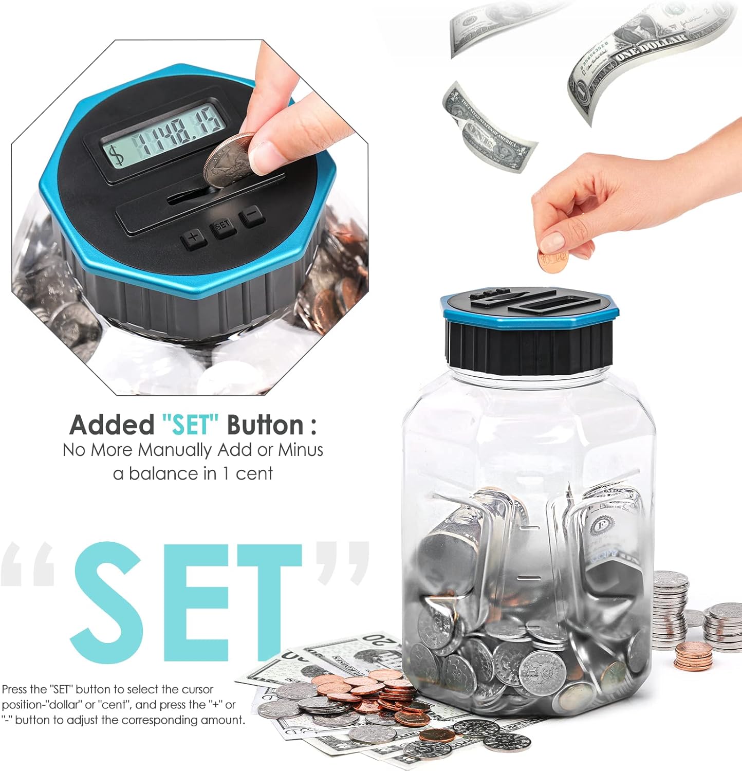 X-Large Piggy Bank for Adults Kids, Vcertcpl Digital Coin Counting Bank with LCD Counter, 2.4L Capacity, Great Coin Counter Bank Money Counting Jar with Total Amount Displayed (Silver, X-Large)