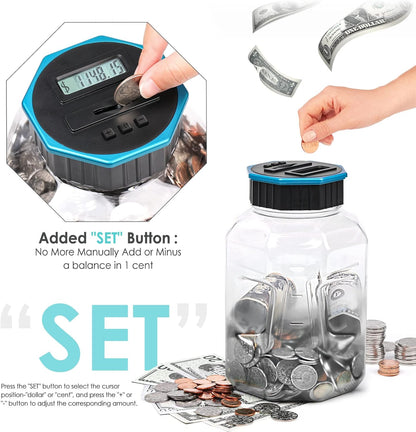 X-Large Piggy Bank for Adults Kids, Vcertcpl Digital Coin Counting Bank with LCD Counter, 2.4L Capacity, Great Coin Counter Bank Money Counting Jar with Total Amount Displayed (Silver, X-Large)